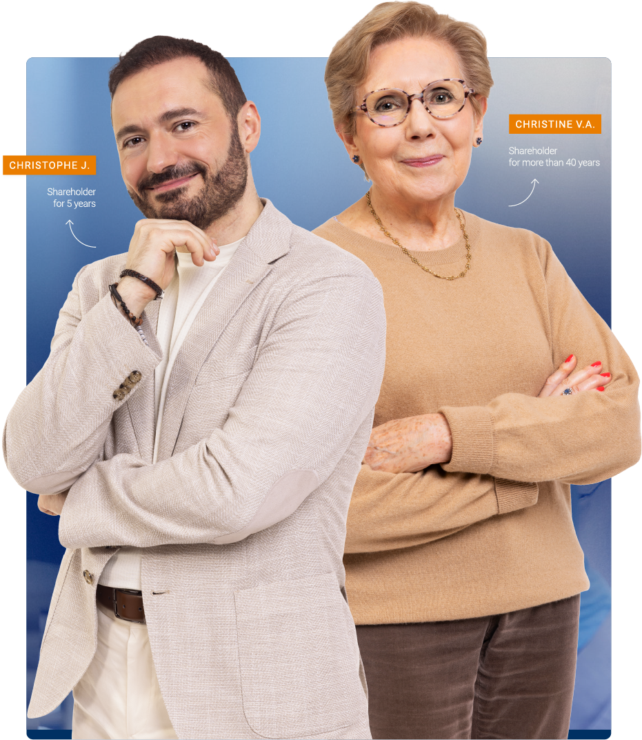 Portraits of CHRISTOPHE J., Shareholder for 5 years, and CHRISTINE V.A., Shareholder for more than 40 years.