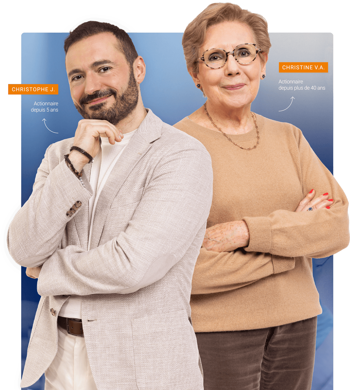 Portraits de Christophe J., actionnaire depuis 5 ans, et Christine V.A., actionnaire depuis plus de 40 ans.